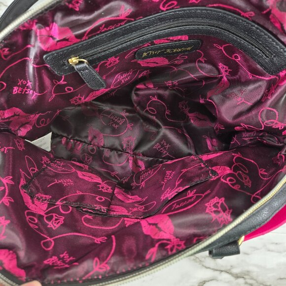 Betsey Johnson Bow-Nanza Dome Satchel Bag Y2K Black White Stripes Pink Bow - Picture 5 of 9